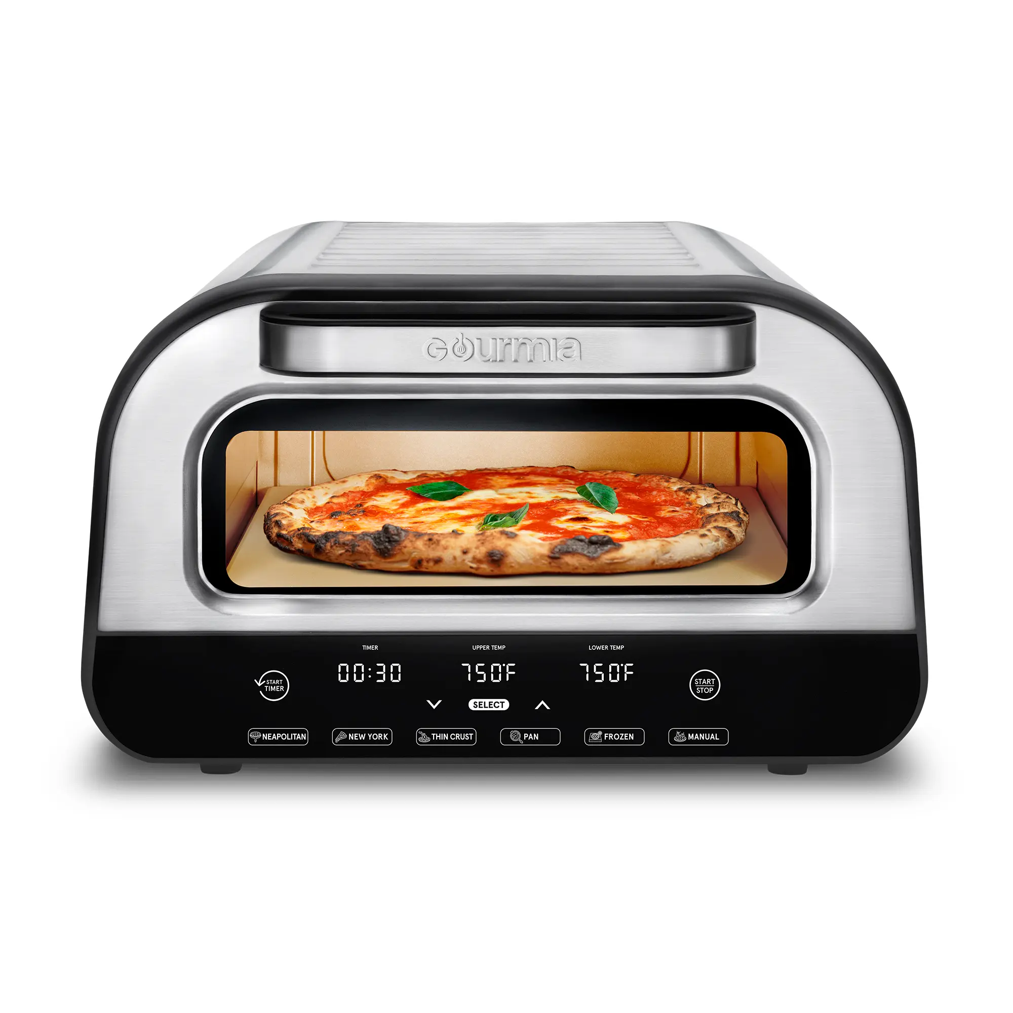 Gourmia Indoor 12" Pizza Oven with Pizza Stone, Dual Adjustable Burners, 6 Pizzeria Style Presets, Stainless Steel