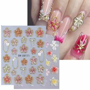 2 Pcs Embossed Floral Nail Art Stickers, 3D Elegant Lily Spring Design DIY Nail Decals, Suitable for Women and Girls, Summer Nails, Flower Design Nails