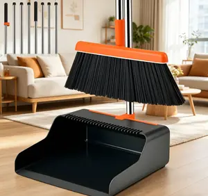 Broom and Dustpan Combo Set for Home/Office, Self-Cleaning Dustpan Teeth for Pet Hair, Extendable Long Handle up to 51.2in, Upright Standing Brooms for Sweeping Indoor/Outdoor