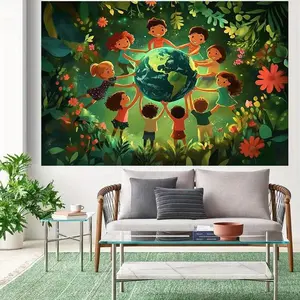 1pc Earth-Themed Tapestry - Kids Party Decoration with Children & Globe Design - Classroom, Birthday, Festival Backdrop - No Electricity Needed - Durable Polyester Fabric Hanging Banner for Parties