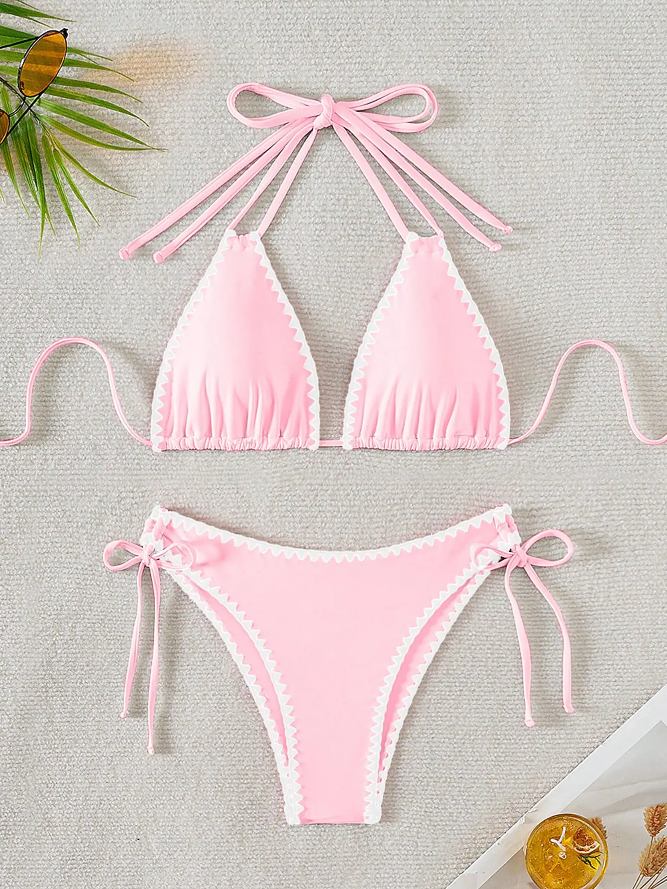 PEPPERMOLLY Women's 2-Piece Matching Halter-Front Bikini Set - Summer Pink Swimwear with Contrast Stitch, Cute Zigzag Trim, Adjustable Straps for Flattering Fit, Playful Design, Matching Bikinis Set, Halter-Front Bikinis Set