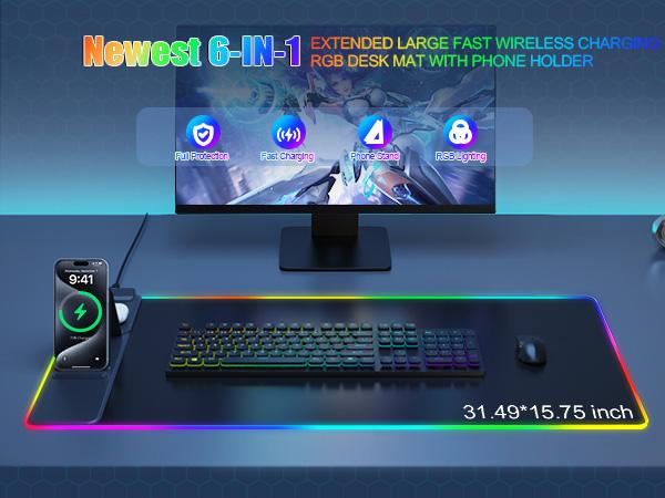 XXL Gaming Mouse Pad with Magnetic Wireless Charging, RGB Black Mousepad Desk Mat with 15W Fast Charger, Waterproof Laptop Writing for Office, Home, Gaming Desktop Accessory shopblackfriday Christmas 【Christmas】 game Foldable