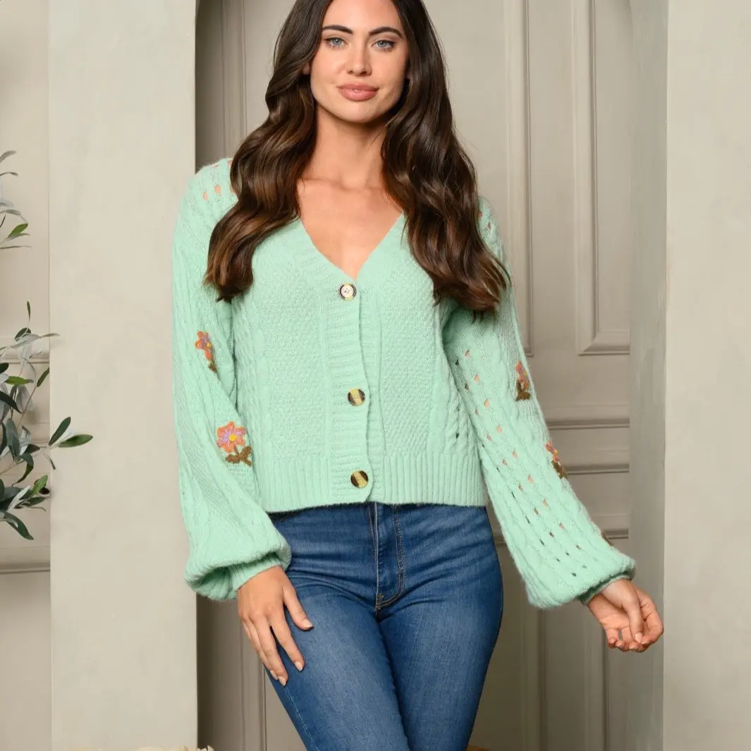 HYFVE Mint Green Button Flower Embroidered Puff Sleeve Knit Sweater New in Bag