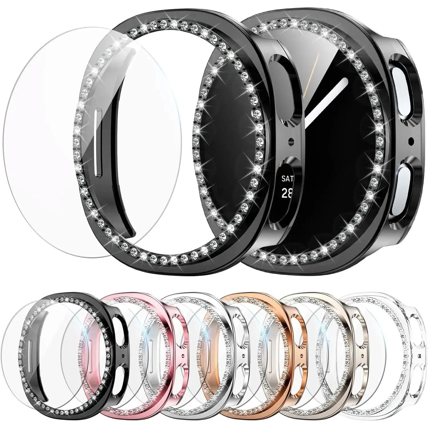 6+6 Pack Bling Wearable Accessories for Samsung Galaxy Watch 8 40mm - Sparkling Rhinestone Hard PC Case, HD Anti-Fog Tempered Glass Screen Protector, Shockproof Waterproof Protection Cover Set