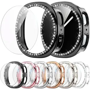 6+6 Pack Bling Case for Samsung Galaxy Watch 8 40mm Screen Protector, Sparkling Rhinestone Hard PC Case + HD Anti-Fog Tempered Glass Film, Waterproof Face Cover Set for Galaxy Watch 8 40mm