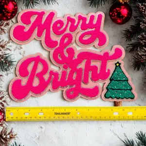 Merry & Bright chenille Fabric Iron-On Patch Cute Christmas DIY Decoration for Jackets and Dresses Hand Sewing Craft Supplies Vibrant Design Unique Embroidery Easy Application Quality Material