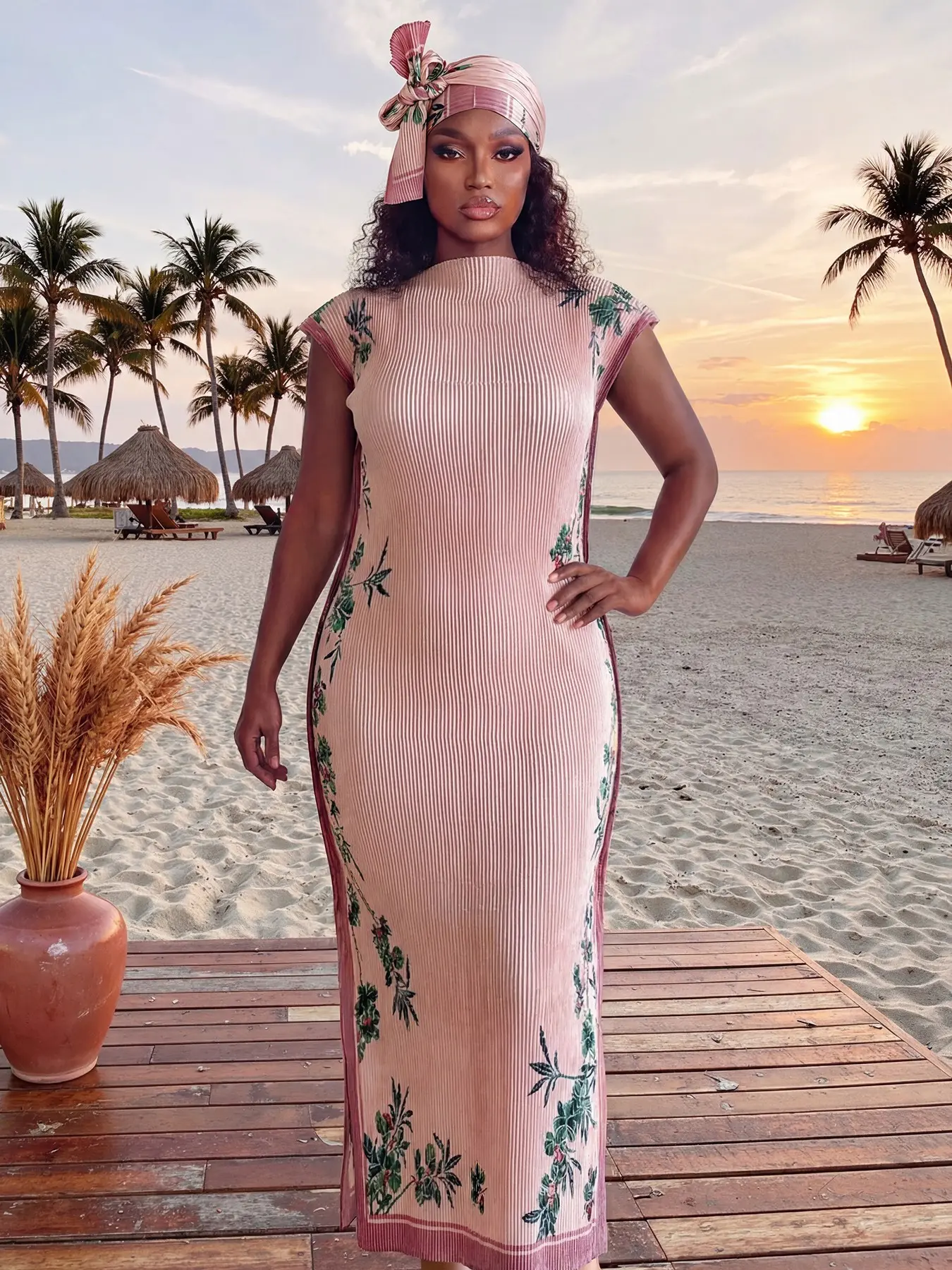 Women's Plant Print Elegant Slim Fit Long Dress Robe Shawl Set, Beach Sun Protection Silk Scarf, Swimsuit Cover Ups, Beach Coverup, All Seasons Fashion