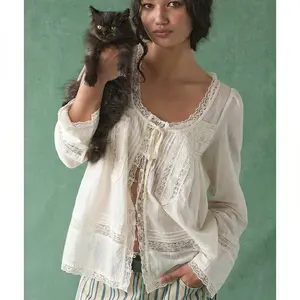 Woman's Boho Lace Blouse Vintage U-neck Cotton Top Lightweight Breathable Soft Summer Shirt Casual Loose Cardigan For Beach Vacation Picnic Date Travel Outdoor Shopping