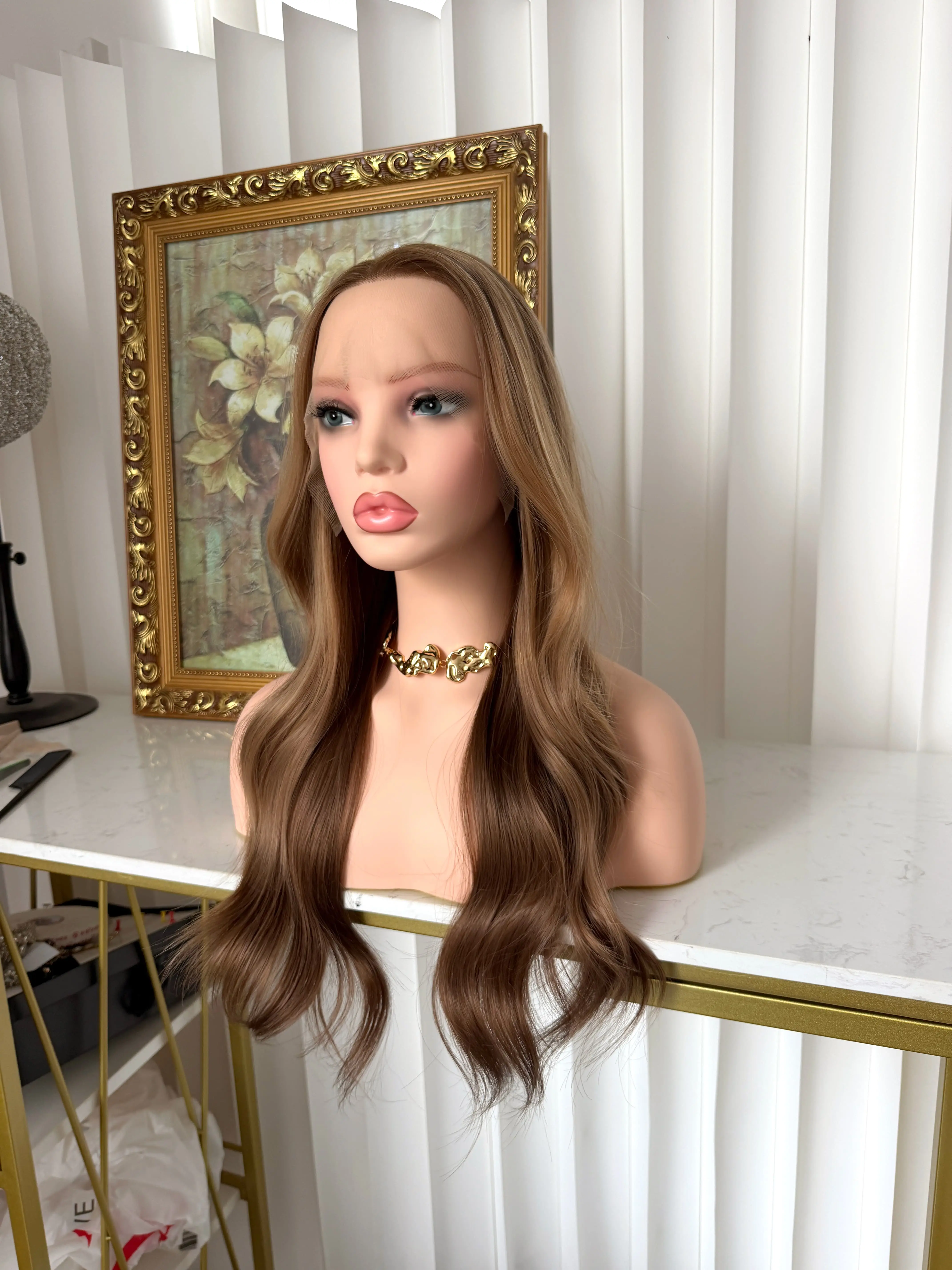 Lovestory Wig Jessica Honey Brown Wig Lace Frontal Synthetic Wig Long Wave Prelucked Hair Gluesless Heat Resistant Free Part for Natural Look for Women