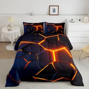Luxury Honeycomb Print Decorative Microfiber Bedding Set - Red Black Fire Hexagonal Pattern Comforter, Breathable Simplistic Beehive Geometrical Duvet Set, Decorative Bedding Set