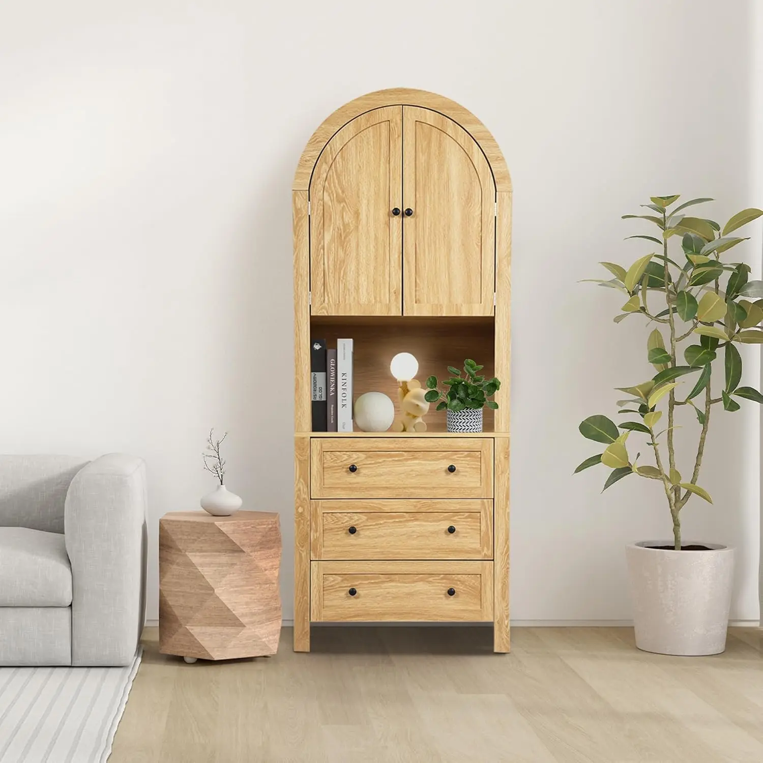 FurSch 71' Tall Arched Storage Cabinet with Drawer, Bookcase with Door, Freestanding Tall Pantry with Countertop for Kitchen, Living Room
