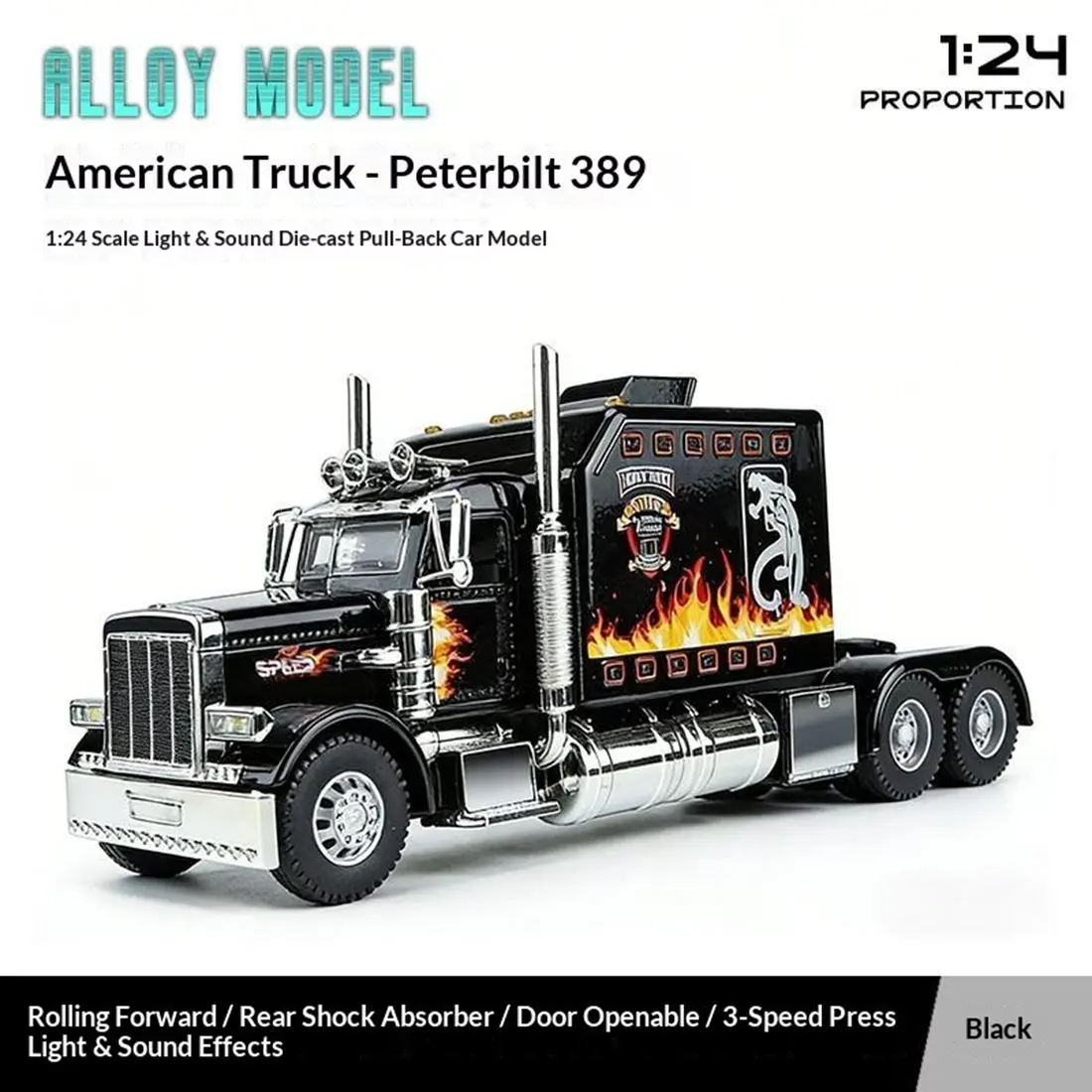 Metal Diecast Semi Truck Toy with Trailer, Pull-Back Function, Lights & Sounds, for Boys Age 4-8, Model Motor Vehicle Toy