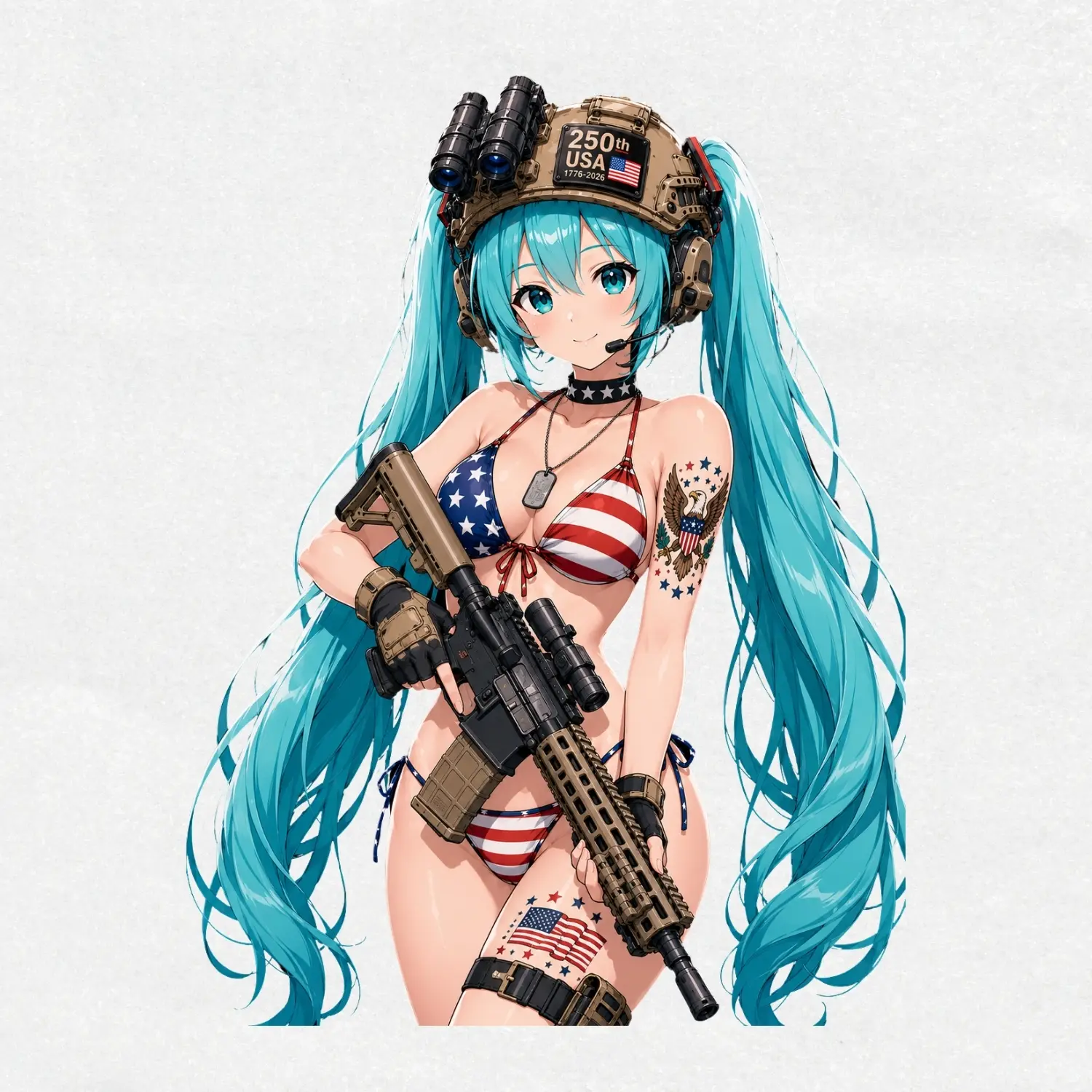 Hatsune Miku 250th USA Vinyl Sticker, Tactical Anime Gun Girl Decal, Patriotic Waifu Military Art, 4th of July Sticker