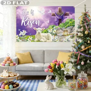2D FLAT 1pc Tapestries Easter Banners for Church, He Is Risen Backdrop Decoration 110x185cm/43.31x72.83 Inch Polyester Fabric Jesus Cross Christian Photography Background for Religious Photo Booth Church Party Decor