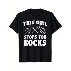 Funny Geology T-Shirt for Men & Women - This Girl/ Stops for Rocks Graphic Tee - Soft Breathable Cotton Casual Shirt with Rock Collector Design - Mineral Collector Gift for Science Lovers (Black/White Print)