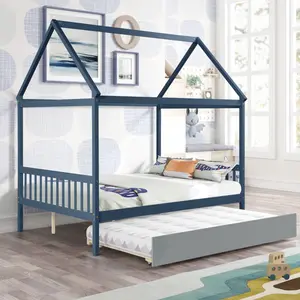 Solid Wood Twin House Bed Frame with Twin Size Trundle For White Color, No Box Spring Needed