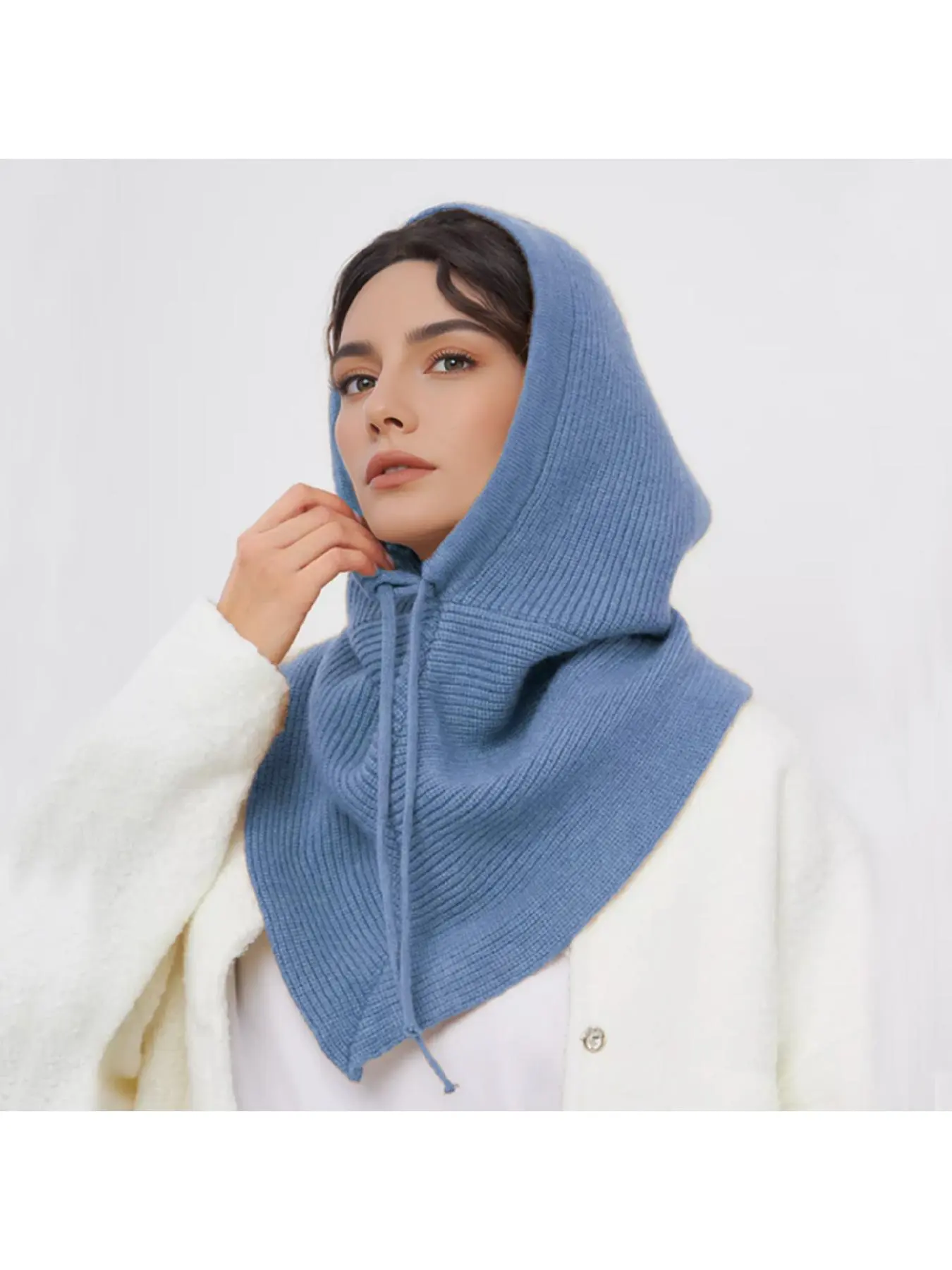 Korean Style Plus Size Knitted Wool Hat Scarf Set, Hooded Scarf, Warm Solid Color Drawstring Balaclava Cap for Women Winter, Fashion Accessory