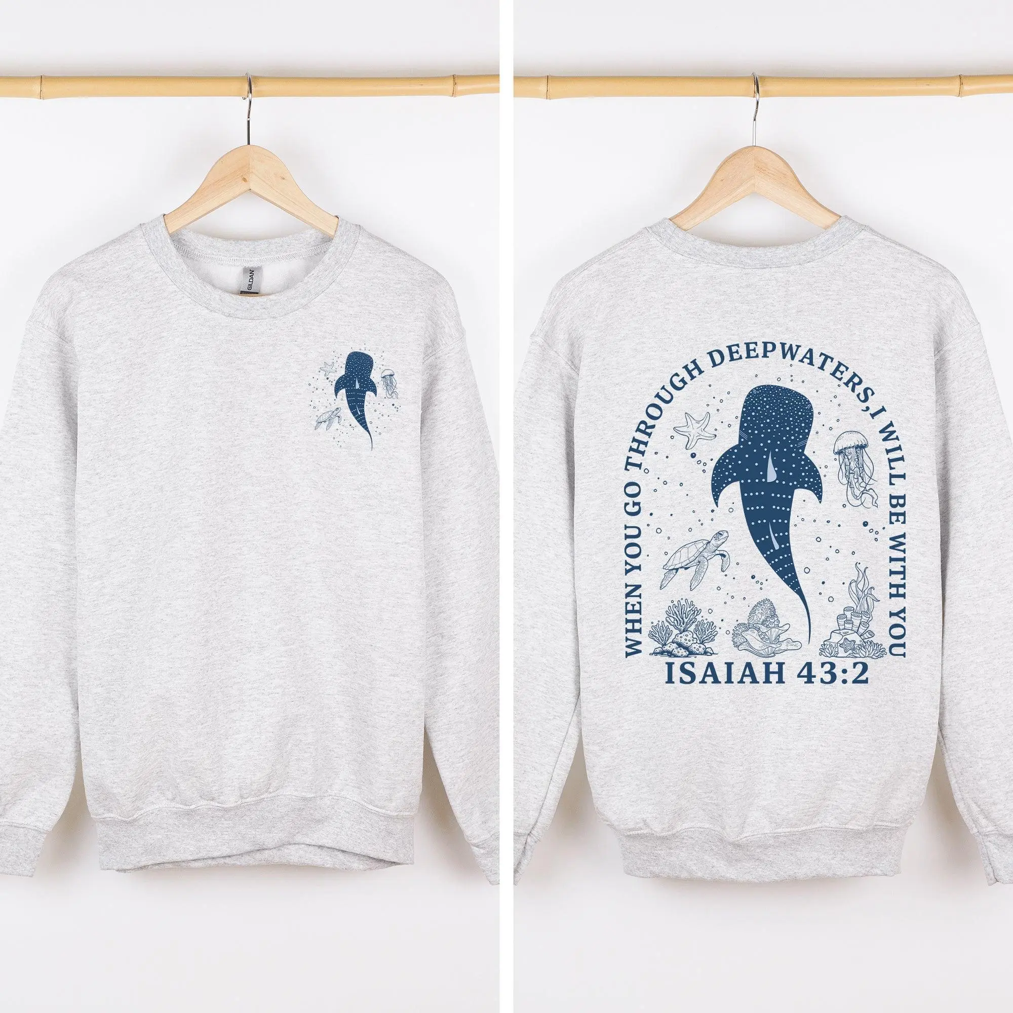 When You Go Through Deep Waters, I Will Be With You, Whale Shark, Ocean, Marine Life, Gospel, Faith Based Apparel, Christian Sweatshirt, Crew Neck, Women's, Crewneck