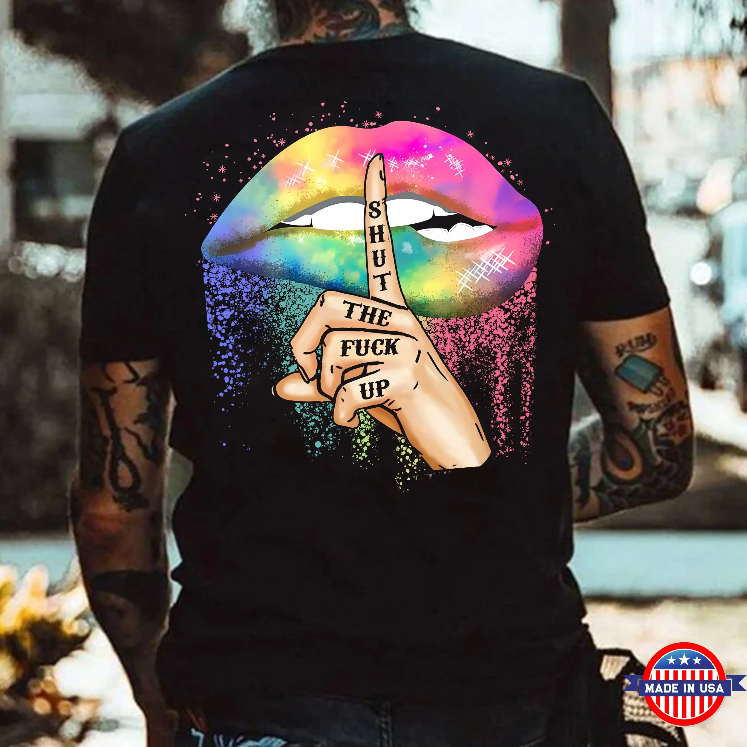 SHUT THE F*CK UP Iridescent Lips Print Men's T-shirtSkull Art Print Mens Shirt, Men's T-shirt