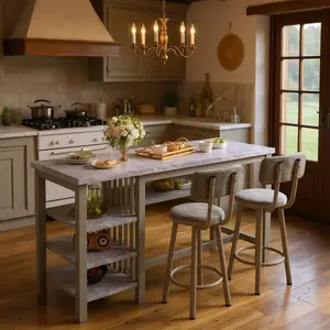 3 Pieces Dining Room Table Set With 2 Upholstered Bar Stools, Modern Farmhouse Style Kitchen Table Set With Multiple Tier Storage Shelves, MDF Table Top And Metal Frame, Counter Height Breakfast Nook Table Set For Small Spaces Family
