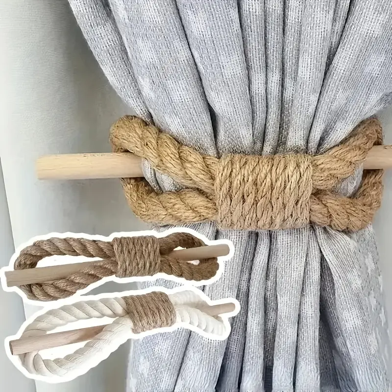 2Pcs Nordic style solid wood sticks, thick cotton ropes and hemp ropes, used for simple curtain fixing, suitable for bedroom and living room decoration curtain lanyards, curtain buckles, home decoration
