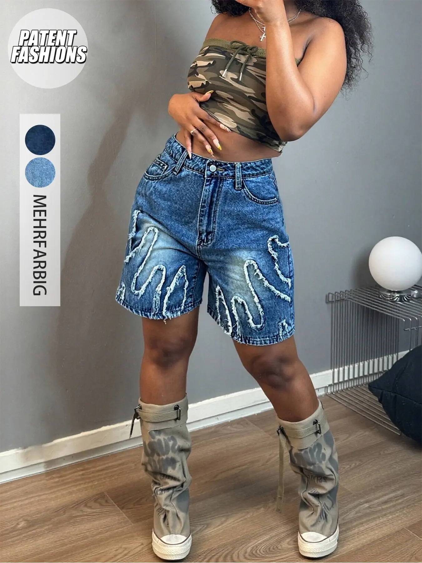 Trendy Flame Ripped Hem Denim Shorts, Casual Streetwear Shorts, High Waist Fit for Curvy Body, Street Style Distressed Short Pants, Fashionable Jean Shorts Streetwear Womenswear Button