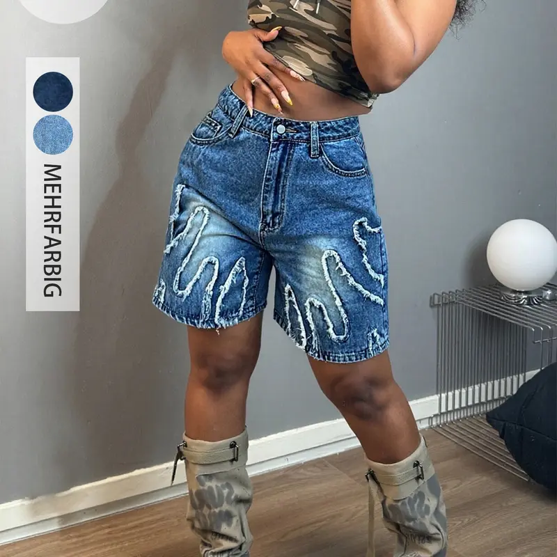 Trendy Flame Ripped Hem Denim Shorts, Casual Streetwear Shorts, High Waist Fit for Curvy Body, Street Style Distressed Short Pants, Fashionable Jean Shorts Streetwear Womenswear Button