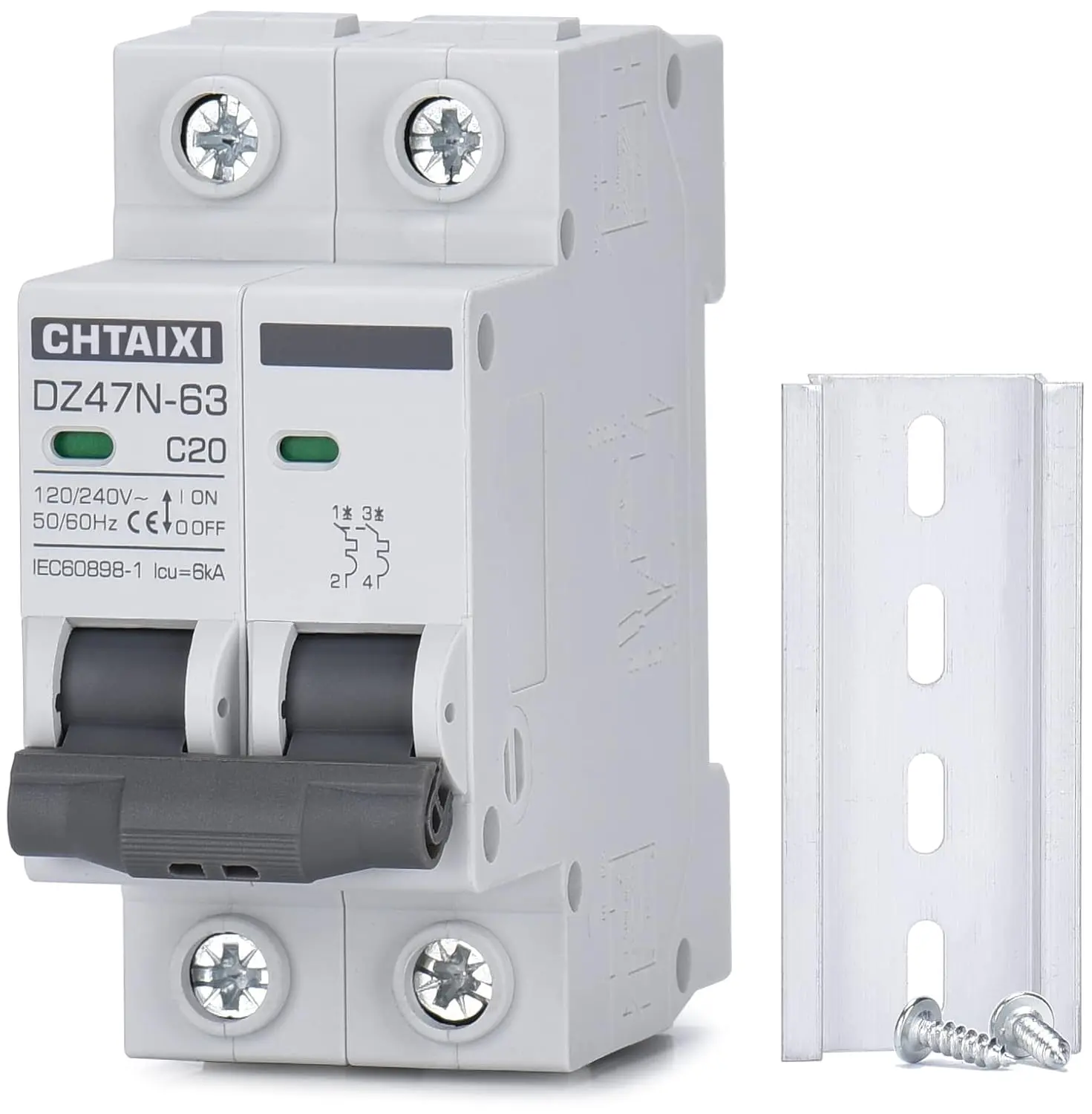 AC Miniature Circuit Breaker, 20 Amp 120V/240V 2 Pole| DIN Rail Mount, Thermal Magnetic Trip, Solar AC Disconnect Switch MCB C20