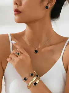 New Classic Pearl Shell Lucky Five-Leaf Flower Jewelry Set, Bracelet Necklace Earrings, Daily Wear Party Gift, Unisex