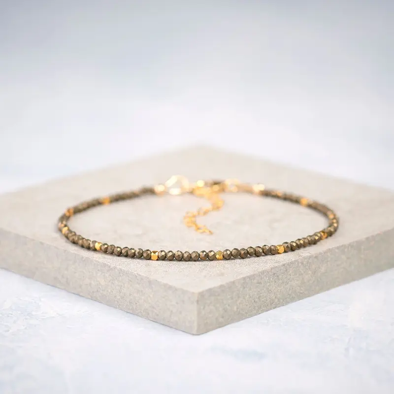 Sofia Dainty Natural Pyrite & 2mm Smoky Quartz Braided Bracelet - Minimalist Nature Crystal Accessory for Daily Use, Gift for Her | Classic Natural Crystal Bracelets & Anklets