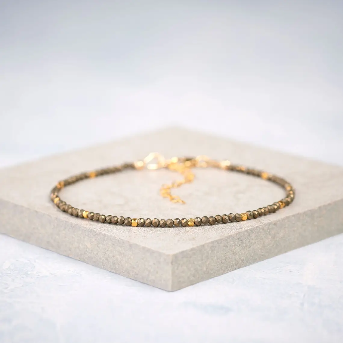 Natural Pyrite Crystal Dainty Bracelet 2mm Smoky Quatyz Crystal Braided Bracelet Minimalist Style for Daily Use Gift for her, Christmas Gift, Xmas Gif