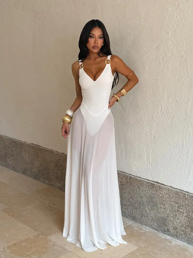 chinese dress ladies Sheer Embellished Scoop Neck Evening Gown in Almond - 6 main image 0
