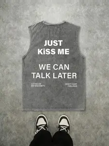 Men's Sleeveless Round Neck T-Shirt, Pure Cotton Material, Casual Street Style, Letter Pattern, Summer Fashion, All Seasons Wear