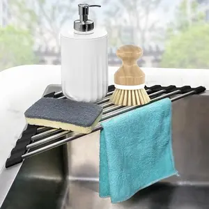 Corner Sink Caddy, Triangle Dish Drying Rack with Sponge Holder, Stainless Steel Over Sink Organizer Drainer Mat for Kitchen Counter Storage