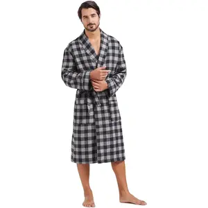 Mens Buffalo Plaid Cotton Robe Lightweight Bathrobe Shawl Collar Kimono Sleepwear Loungewear House RobesGift