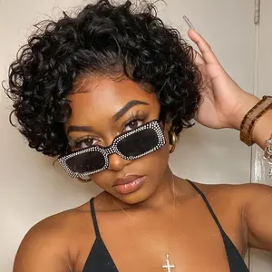 Human Hair Wig  closure  Pre cut , High Density Afro Wig Brazilian Real  baby Hair Deep Wave Elf Short Hair Wig - 13x4 T-shaped Lace Forehead, 180% Density Natural Curling Short Wig