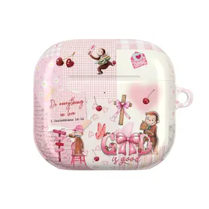 Coquette Pink Curious George AirPods Case for AirPods 1 2 3 4, AirPods Pro 1 2 3, Cute Floral Patchwork Cottagecore Cherry Aesthetic Earbuds Cover