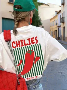 Chilies Spice It Up Chili Pepper White T-Shirt | Casual Foodie Streetwear Top | Premium Cotton Fabric | Playful Spicy Chili Aesthetic | Relaxed Oversized Fit | Eye-Catching Chili & Stripe Print | Versatile Daily Wear | Perfect for Food/Spicy Style Fans