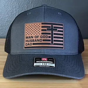 American Flag Man Of God Cross Christian SnapBack Trucker Hat Leather Patch