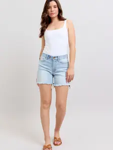 Eva Judy Blue Mid Rise Long Cut Off 2 Button Dad Shorts