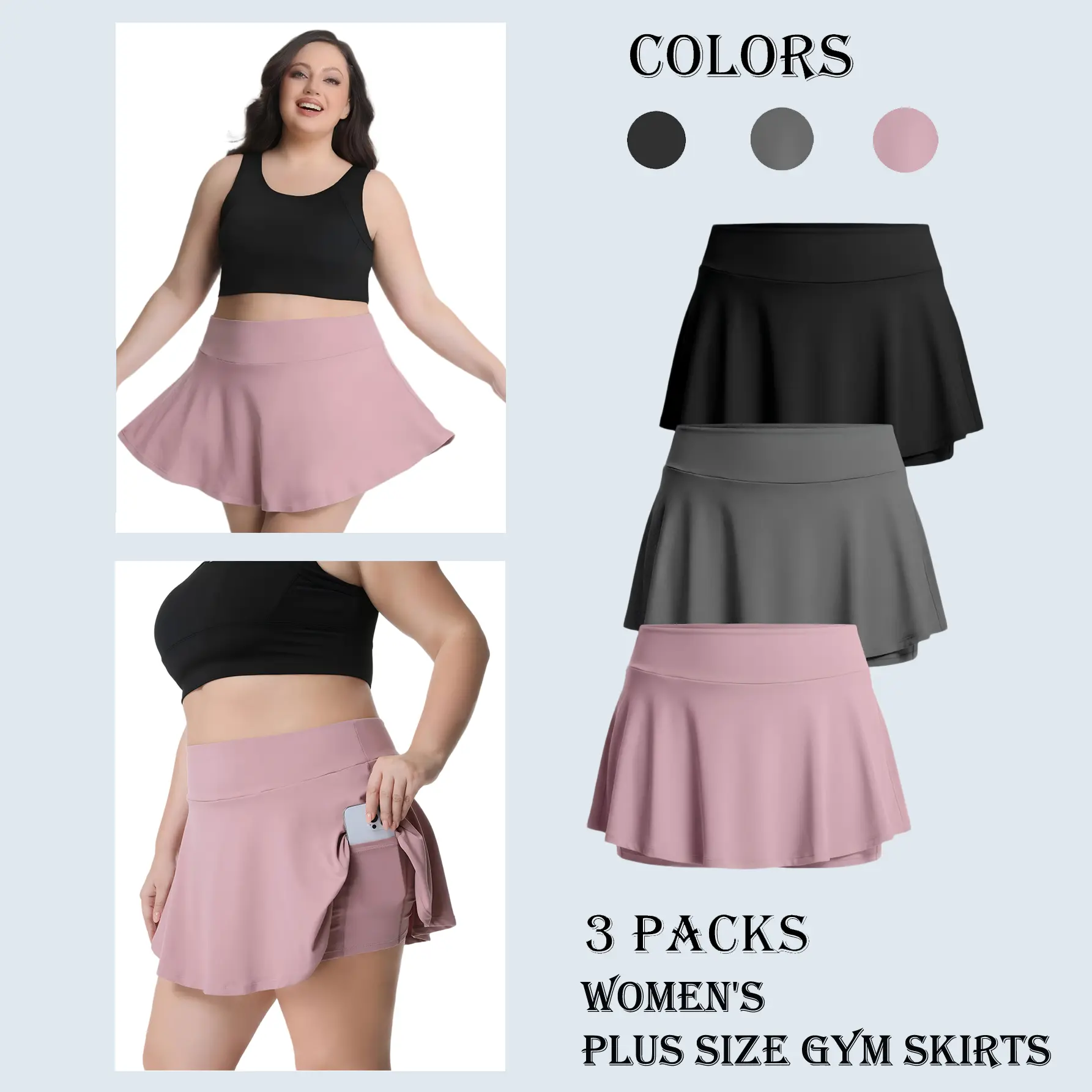 3 Pack Women's Active Performance Skort Plus Size Tennis Skirt with Pockets High Waisted Golf Skort Inner Shorts for Athletic Skorts Lightweight Skirt Workout Pickleball Yoga Sports backtoschool