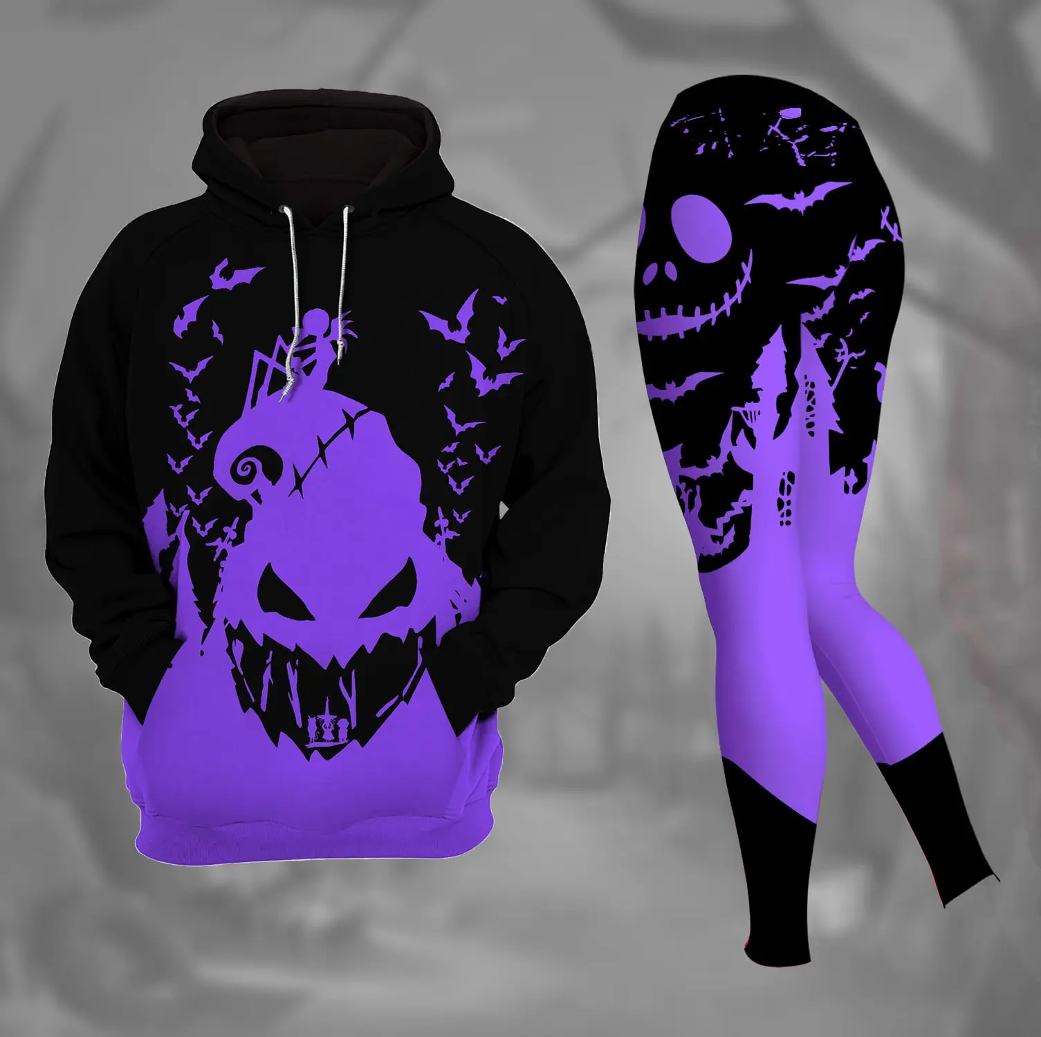 Black Purple Nightmare Christmas Hoodie and Leggings Set, Women's Halloween Matching Outfit, Gothic Pumpkin Graphic Hoodie, Cozy Fall Pullover Gift
