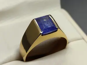 Emerald Cut Natural 4 Carat Blue Sapphire Sterling Silver 925 Handmade Men's Plain Ring