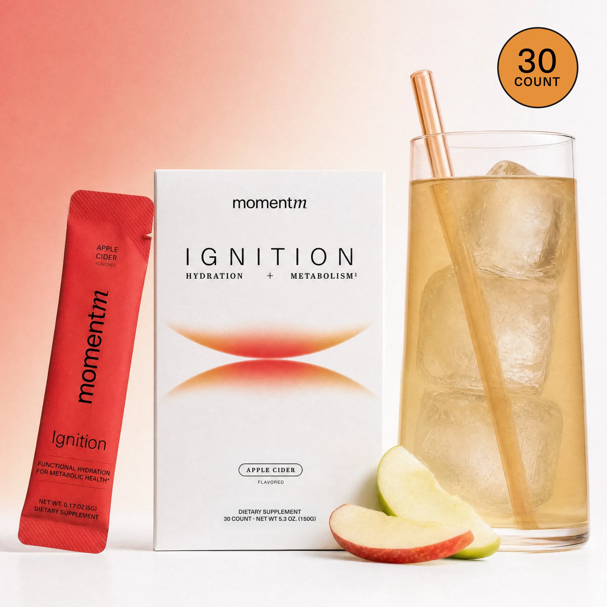 momentM Ignition Apple Cider Hydration Drink Mix - Supports Steady Energy & Focus - with Magnesium, Electrolytes, Adaptogens, InnoSlim & Holy Basil - Sugar Free