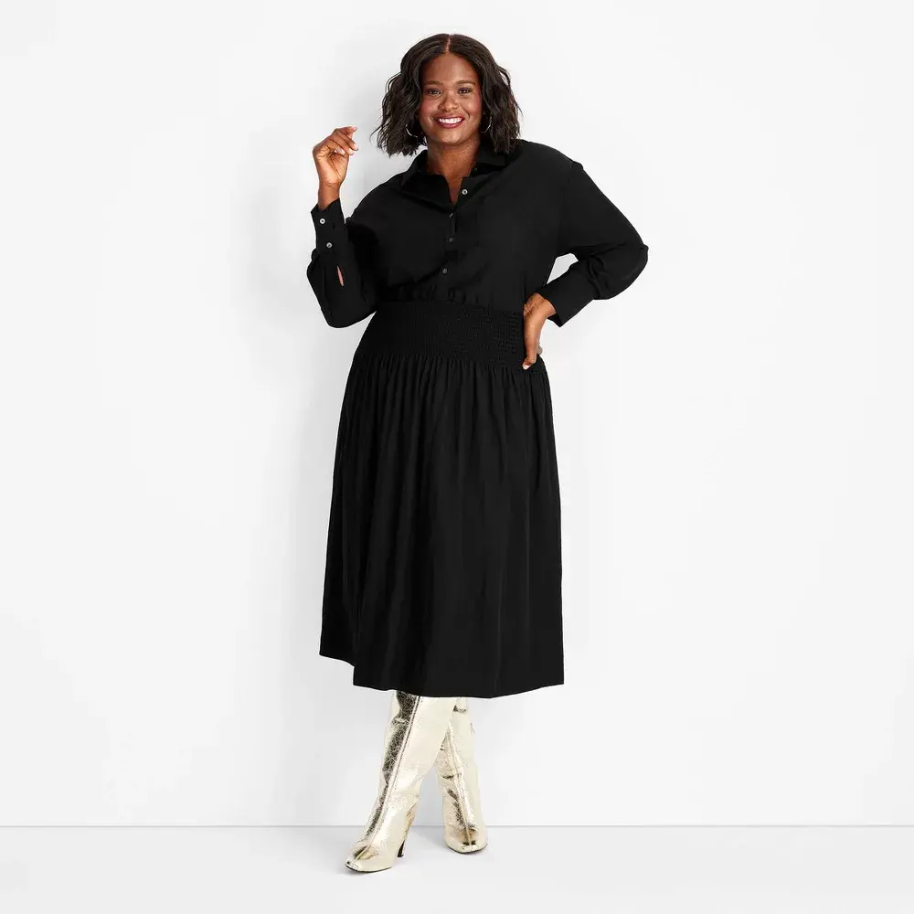 Women's Collared Long Sleeve Smocked Midi Shirtdress - Future Collective
