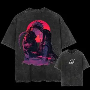 Vintage Naruto & Hinata Graphic Tee - Black & Gray Washed Cotton Streetwear Men's Anime Shirt - Y2K Casual Top