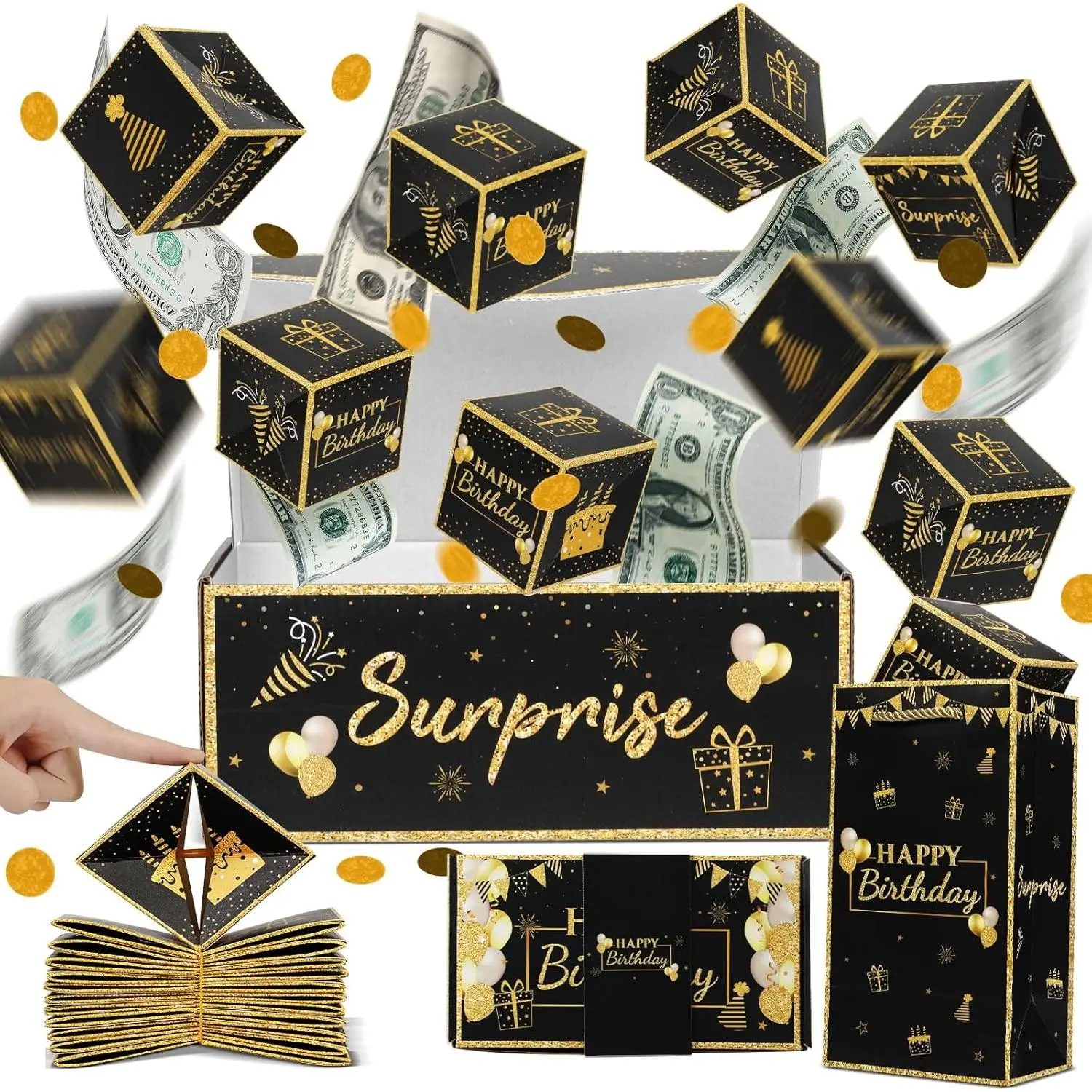 Birthday Surprise Gift Box Explosion for Money, Exploding Money Gift Box for Cash Pop up Birthday Money Explosion Box Surprise Party Gift 12 Folding Bounce Boxes for Men Women Kids