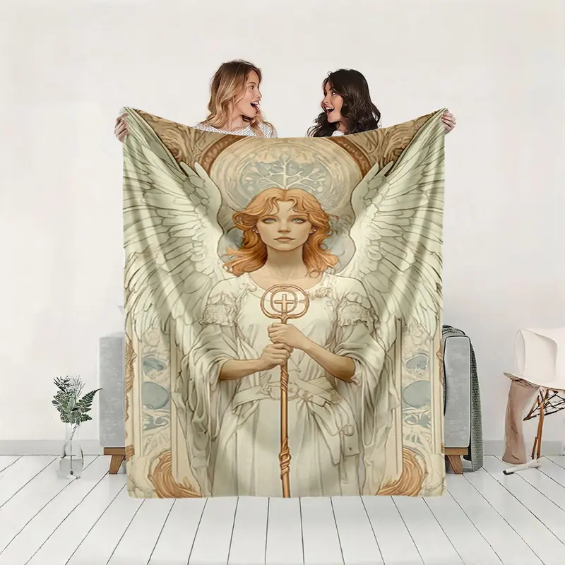 1 piece White-clad angel holding a staff, holy angel image themed flannel blanket - Oversized fluffy warm sofa blanket, flannel for beds, all-season multi-purpose, modern style, machine washable, digital print design, 100% polyester, suitable for