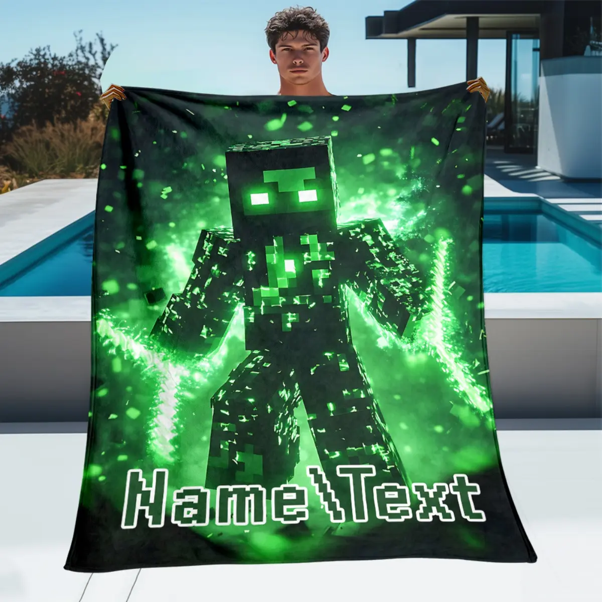 Customized name green pixel spark outdoor portable blanket-light household furniture bedding blanket, suitable for traveling and camping living room office sofa chair and bed-soft and warm digital printed blanket 2D plane