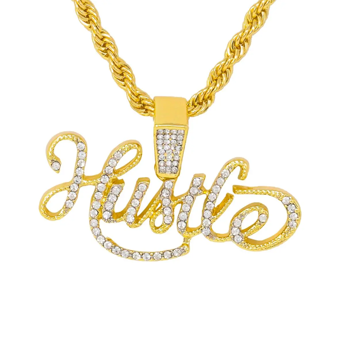 Bold 'HUSTLE' Pendant Necklace, 24 Inch Lightweight Gold Plated Alloy Rope Chain with Sparkling Simulated Stones for Photoshoots, Casual, Simulated Gems, Letter, Bold Charm